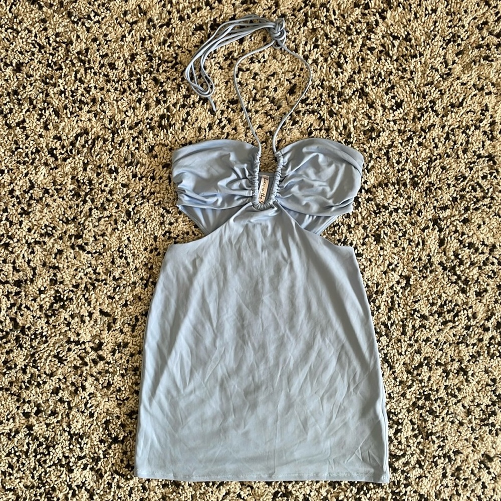 Lucy in the Sky Wynona Halter Cutout Mini Dress with U-Ring Detail—Small, Blue